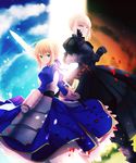  ahoge armor armored_dress artoria_pendragon_(all) blonde_hair dark_excalibur dress dual_persona excalibur fate/stay_night fate_(series) faulds glowing glowing_sword glowing_weapon green_eyes highres isozi multiple_girls saber saber_alter sky weapon yellow_eyes 