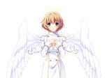  1girl angel angel_wings ayase_hazuki blonde_hair breasts dress game_cg grand_cru_bourgeois green_eyes halo happy highres looking_at_viewer mitra_airun_sera nukidoki! open_mouth short_hair simple_background smile solo standing white_wings wings 