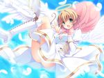  1girl angel ayase_hazuki bag blonde_hair boots breasts dress feathers game_cg grand_cru_bourgeois green_eyes halo happy highres legs looking_at_viewer medium_breasts mitra_airun_sera nukidoki! open_mouth short_hair smile thighs white_wings wings 