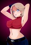  armpits arms_behind_head belt blue_eyes blue_mary blush breasts brown_hair covered_nipples emanuel_aguilar gloves halter_top halterneck large_breasts multiple_belts navel perky_breasts short_hair sideboob smile solo the_king_of_fighters 