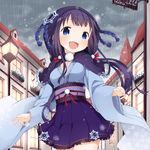  :d blue_eyes bow hair_bow hair_ornament hair_ribbon hood japanese_clothes kidatsu!_dungeons_lord kimono kimono_skirt long_hair low_twintails muku_(muku-coffee) official_art open_mouth pleated_skirt purple_hair rain ribbon skirt smile solo twintails 