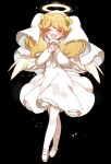  1girl :d black_background blonde_hair blush chino_machiko copyright_request dress eyes_closed facing_viewer halo hands_up long_sleeves open_mouth pantyhose shoes simple_background smile solo twintails veil white_dress white_footwear white_legwear 