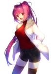  1girl :d arms_behind_back coat hair_ribbon kneehighs looking_at_viewer open_mouth ponytail purple_hair red_eyes ribbon smile snow sweater under_night_in-birth yusano yuzuriha_(under_night_in-birth) 