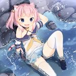  :d animal_ears blue_eyes cat_ears cat_tail hand_behind_head kidatsu!_dungeons_lord looking_at_viewer muku_(muku-coffee) official_art one-piece_swimsuit open_mouth pink_hair sailor_collar shoes sitting smile solo swimsuit tail thighhighs two_side_up wet wet_clothes white_legwear 