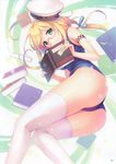 absurdres ahoge an2a ass blonde_hair book glasses green_eyes hat highres i-8_(kantai_collection) kantai_collection lying on_side one-piece_swimsuit school_swimsuit smile solo swimsuit thighhighs white_legwear 