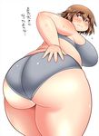  1girl ass blush brown_eyes brown_hair looking_at_viewer looking_back plump shimejix short_hair sweat swimsuit thick_thighs thighs translation_request 