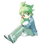  1boy akr_et green_eyes green_hair hug looking_at_viewer mitsuru_(pokemon) pokemon pokemon_(game) pokemon_oras ralts simple_background sitting smile solo tears 