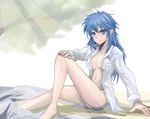  barefoot blue_hair breasts dew_(dewichi) green_eyes hair_down leona_heidern light_smile long_hair looking_at_viewer medium_breasts messy_hair navel no_bra open_clothes open_shirt panties shirt sideboob solo the_king_of_fighters underwear white_panties 
