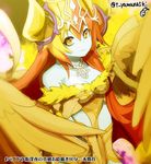  bad_id bad_pixiv_id bare_shoulders blonde_hair blue_skin breasts cleavage collarbone demon_girl demon_horns feathered_wings fur_trim halo hera-sowilo_(p&amp;d) hera_(p&amp;d) horn_ring horns jewelry long_hair medium_breasts multicolored_hair necklace off_shoulder orange_hair pearl pearl_necklace puzzle_&amp;_dragons short_sleeves smile solo tiara twitter_username two-tone_hair wings yamanashi_taiki yellow yellow_eyes yellow_wings 