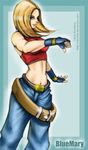  alternate_hair_length alternate_hairstyle bare_shoulders belt blonde_hair blue_eyes blue_mary bracelet breasts character_name crop_top fatal_fury fingerless_gloves gloves jewelry laura_sardinha long_hair medium_breasts midriff multiple_belts sleeveless solo the_king_of_fighters thumbs_down watermark web_address 