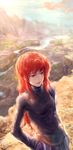  breasts canyon commentary hand_on_hip light_smile lips long_hair original phantom_ix_row red_eyes red_hair small_breasts solo sweater turtleneck 