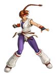  braid breasts brown_eyes brown_hair clenched_hand dougi erufan fingerless_gloves floating_hair full_body gloves headband leg_warmers long_hair purple_legwear shoes single_braid small_breasts sneakers solo spandex the_king_of_fighters toned white_background yuri_sakazaki 