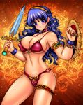  armpits athena_(series) bikini blush breasts choker earrings hairband jewelry john_r large_breasts long_hair princess_athena purple_eyes purple_hair red_bikini shield snk solo swimsuit sword weapon 