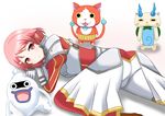  armor ass blush boots breastplate crossover faulds freckles ghost gloves hair_ornament hairclip jibanyan koma-san komasan lisbeth lisbeth_(sao-alo) looking_at_viewer lying natsuzakura_yuuki on_stomach pants pantylines pointy_ears puffy_sleeves red_eyes red_hair short_hair showgirl_skirt skirt smile sword_art_online whisper_(youkai_watch) youkai_watch 