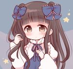  bow brown_eyes brown_hair hair_bow hair_ribbon long_hair looking_at_viewer marshmallow_mille ribbon simple_background solo star_sapphire touhou two_side_up 