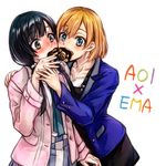  black_hair blonde_hair blue_eyes character_name doughnut food green_eyes hand_on_shoulder misogi_(misogi1341) miyamori_aoi multicolored multicolored_text multiple_girls shared_food sharing_food shirobako yasuhara_ema yuri 