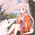  :d cherry_blossoms horns japanese_clothes kidatsu!_dungeons_lord long_hair muku_(muku-coffee) official_art oni_horns open_mouth petals pink_hair pointy_ears red_eyes river sitting smile solo tail 