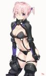  1girl alternate_hairstyle armor bikini_armor black_bra black_gloves black_panties blush bra breasts closed_mouth cowboy_shot eyebrows_visible_through_hair fate/grand_order fate_(series) gloves gorget grey_background hair_ornament hair_over_one_eye highres leg_strap looking_at_viewer mash_kyrielight medium_breasts navel panties pink_hair purple_eyes short_hair signature simple_background skindentation smile solo thighhighs twintails underwear yang-do 