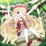  ;d bat_wings blonde_hair blue_eyes flute flute_(kidatsu) hairband holding instrument kidatsu!_dungeons_lord lolita_fashion lolita_hairband long_hair looking_at_viewer muku_(muku-coffee) official_art one_eye_closed open_mouth pointy_ears sitting smile solo wings 
