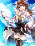  1girl brown_eyes brown_hair hairband japanese_clothes kantai_collection kongou_(kantai_collection) long_hair looking_at_viewer nontraditional_miko open_mouth poko_(mammypoko) solo thighhighs wide_sleeves 