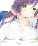  bad_id bad_pixiv_id black_hair breasts cleavage collarbone green_eyes large_breasts long_hair looking_at_viewer love_live! love_live!_school_idol_project low_twintails lying mozuku0613 on_stomach otonokizaka_school_uniform pink_scrunchie school_uniform scrunchie shirt skirt smile solo toujou_nozomi twintails 