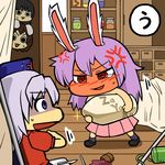  @_@ anger_vein angry animal_ears black_hair blue_eyes bow braid brown_hair bunny_ears commentary_request hair_bow hat houraisan_kaguya inaba_tewi jar long_hair maguro_(mawaru_sushi) multiple_girls o_o open_mouth purple_hair red_eyes reisen_udongein_inaba short_hair silver_hair suppository touhou yagokoro_eirin 