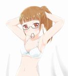  adjusting_hair aika_(aica17) bad_id bad_pixiv_id blush bra breasts brown_hair cleavage highres lingerie looking_at_viewer minami_mirei mouth_hold navel pretty_(series) pripara small_breasts solo tying_hair underwear white_bra 