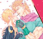  1girl blonde_hair blush caesar_anthonio_zeppeli crossover facial_mark feathers fingerless_gloves food gloves hair_feathers hetero jojo_no_kimyou_na_bouken kasuga_(sengoku_basara) pink_scarf pocky pocky_kiss scarf sengoku_basara shared_food short_hair_with_long_locks sidelocks uchiyama_lammy 