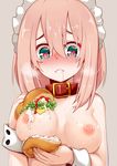  blue_eyes blush bobomaster borrowed_character breasts collar food hamburger heart heart-shaped_pupils maid_headdress medium_breasts nipples original pink_hair saliva solo symbol-shaped_pupils takagi_(tansuke) wrist_cuffs 