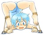  1girl ass barefoot bdsm blue_eyes blue_hair blush bondage bound chest_stand crying feet flexible oyatsu_(mk2) rope short_hair solo tears toes wrists_to_ankles 