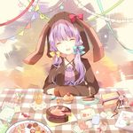  ^_^ animal_hood bow bunny_hood cake closed_eyes cookie facing_viewer food hair_bow hair_ornament hair_ribbon hatoichi_reno highres hood long_hair open_mouth purple_eyes purple_hair ribbon smile solo twintails vocaloid voiceroid yuzuki_yukari 