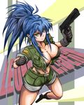  black_gloves blue_hair bra breasts character_name cleavage cropped_jacket dew_(dewichi) earrings gloves green_eyes gun handgun jacket jewelry large_breasts leona_heidern long_hair m1911 midriff navel open_clothes open_jacket pistol ponytail running shorts solo strapless strapless_bra suspenders the_king_of_fighters underwear weapon 