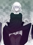  assisted_exposure bad_id bad_pixiv_id blush claude_frollo dress dress_lift embarrassed garter_straps marimo_(yousei_ranbu) monochrome short_hair solo_focus sweatdrop the_hunchback_of_notre_dame thighhighs younger 