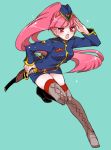  1girl belt blue_background blue_hat blue_jacket blue_skirt blush boots chino_machiko copyright_request eyebrows_visible_through_hair grey_legwear hand_up hat holster jacket katana long_hair long_sleeves looking_at_viewer military military_uniform open_mouth pencil_skirt pink_eyes pink_hair ponytail round_teeth salute simple_background skindentation skirt solo sword teeth thighhighs uniform very_long_hair weapon 