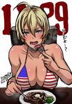  ahoge american_flag_bikini artist_name bikini bikini_top blonde_hair blue_eyes blush breasts butcha-u cleavage collarbone dark_skin dated eating flag_print food fork knife large_breasts mito_ikumi shokugeki_no_souma short_hair sitting solo steak sweatdrop swimsuit 