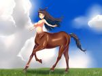  2014 animal_ears bad_id bad_pixiv_id black_hair breasts centaur cloud day full_body grass haruharu55 highres horse_ears horse_tail long_hair monster_girl multiple_legs navel nipples nude original outdoors red_eyes sky smile solo tail 