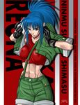  abs between_breasts black_gloves blue_eyes blue_hair breasts covered_nipples crop_top cropped_jacket gloves highres jonathan_bustamante_naranjo large_breasts leona_heidern long_hair midriff ponytail shorts solo strap_cleavage suspenders tank_top the_king_of_fighters translation_request 