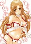  absurdres arm_support asuna_(sao) bikini breasts brown_eyes brown_hair cameltoe cleavage elbow_gloves frilled_bikini frills front-tie_top gloves highres large_breasts long_hair navel solo swimsuit sword_art_online thighhighs traditional_media yurun 