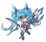  armor blue_eyes blue_footwear blue_hair boots chibi cleavage_cutout frown full_body gloves kubotami long_hair mecha_musume no_nose ore_twintail_ni_narimasu polearm solo spear tailblue thigh_boots thighhighs twintails weapon white_background 
