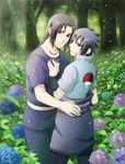  2boys brothers flower forest hydrangea male male_focus multiple_boys mutsumix naruto nature outdoors siblings standing tree uchiha_itachi uchiha_sasuke yaoi 