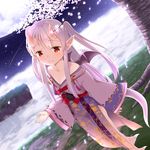  cherry_blossoms dragon_tail dragon_wings dutch_angle horns japanese_clothes kidatsu!_dungeons_lord long_hair looking_at_viewer muku_(muku-coffee) official_art oni_horns petals red_eyes silver_hair smile solo tail two_side_up wings 