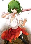  black_legwear breasts cleavage closed_umbrella collarbone commentary dirty_clothes dirty_face fighting_stance green_hair highres kazami_yuuka large_breasts mattari_yufi red_eyes shirt skirt smile solo thighhighs torn_clothes torn_legwear torn_skirt torn_sleeves touhou umbrella 