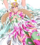  1girl aquila_yuna armor arms_up blonde_hair blue_eyes breasts broken_armor clenched_teeth highres large_breasts legs long_hair looking_at_viewer saint_seiya saint_seiya_omega simple_background solo teeth thighs white_background wings yadokari_genpachirou 