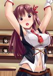  :o akagi_(kantai_collection) armpits arms_up belt blush breasts brown_hair character_doll company_connection crossover duplicate dyda extra fubuki_(kantai_collection) gloves hair_ribbon highres hyuuga_(kantai_collection) kantai_collection large_breasts long_hair looking_at_viewer navel necktie open_mouth puzzle_&amp;_dolls red_eyes red_hair ribbon side_ponytail skirt solo stomach twintails vest yuzuriha_(puzzle_&amp;_dolls) 