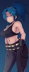  belt black_gloves blue_eyes blue_hair blush breasts cargo_pants cleavage crop_top emanuel_aguilar explosive gloves grenade high_ponytail large_breasts leona_heidern long_hair midriff navel pants ponytail shirt sideboob solo tank_top taut_clothes taut_shirt the_king_of_fighters 