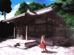  architecture artist_request box broom cloud day donation_box east_asian_architecture forest hakurei_reimu hakurei_shrine looking_up mary_janes nature rope shide shimenawa shoes shrine shrine_bell sky solo stairs sweeping touhou tree 