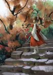  adapted_costume brown_hair dress forest gohei hair_bobbles hair_ornament hakurei_reimu japanese_clothes long_sleeves miko nature ponytail red_dress scenery seeker solo stairs touhou wide_sleeves 