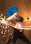  belt belt_buckle black_gloves blue_eyes blue_hair breasts buckle cargo_pants covered_nipples crop_top earrings gloves high_ponytail jewelry large_breasts leona_heidern long_hair midriff navel pants shirt solo sparks tank_top taut_clothes taut_shirt the_king_of_fighters unknown_tico 