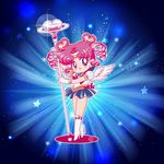  absurdres back_bow bishoujo_senshi_sailor_moon blue_eyes blue_sailor_collar boots bow chibi_chibi choker earrings gloves heart heart_choker high_heel_boots high_heels highres jewelry pink_hair riccardo_bacci sailor_chibi_chibi sailor_collar sailor_senshi_uniform smile solo white_gloves 