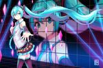  aqua_eyes aqua_hair artist_name burenai_ai_de_(vocaloid) detached_sleeves floating_hair hand_on_own_chest hatsune_miku headset highres hiroki_(hirokiart) long_hair microphone necktie outstretched_arm skirt smile solo thighhighs twintails very_long_hair vocaloid zettai_ryouiki 